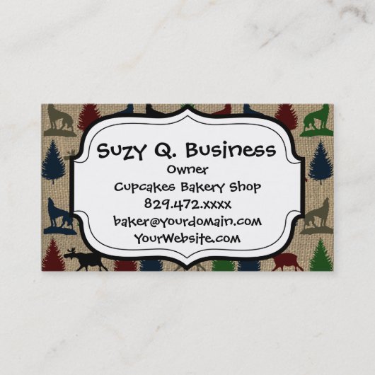 Moose Wolf Pine Tree Rustic Burlap Print Visitekaartje (Voorkant)