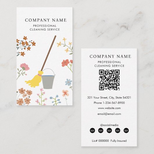 Mop Bucket Floral Professional Cleaning Services Visitekaartje (Voorkant / Achterkant)