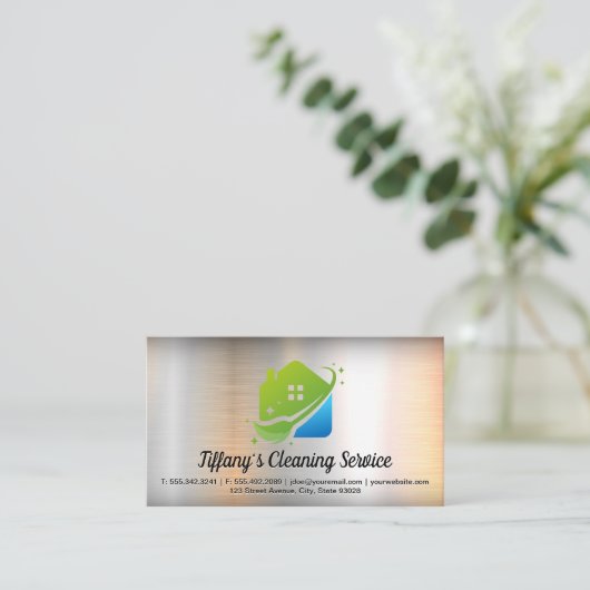 Mop Home Cleaning Logo | Metalen achtergrond Visitekaartje (Staand voorkant)