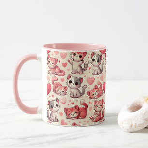 Mop met Cute Cat & Hearts-patroon – Roze & Rood  Mok