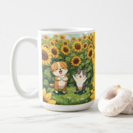 Mop met kat en hond in zonnebloemenveld koffiemok