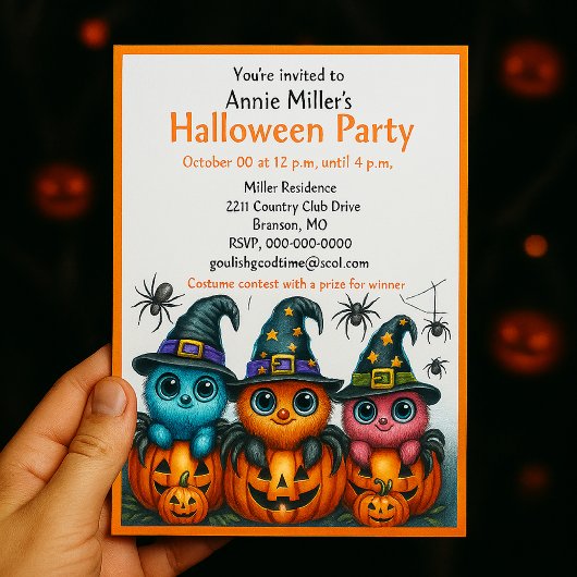Mopige Spinnen Pompoen Halloween Feest Uitnodiging