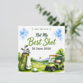 Moppen voor golfers op de golfbaan save the date (Staand voorkant)