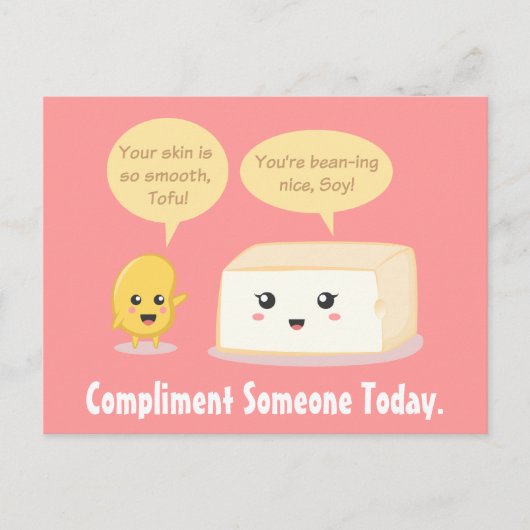 Moppige Cartoon - Soy Bean complimenteert Tofu Briefkaart (Voorkant)