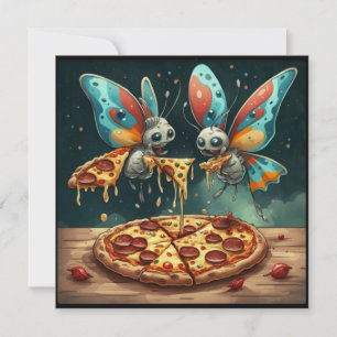 Moppige grappige insecten die een pizza eten grapp kaart