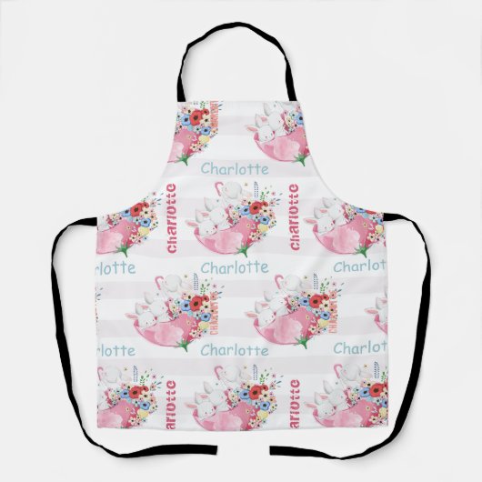 Moppige Konijnen op Roze Bloemenscherm Patroon Naa Schort (Voorkant)