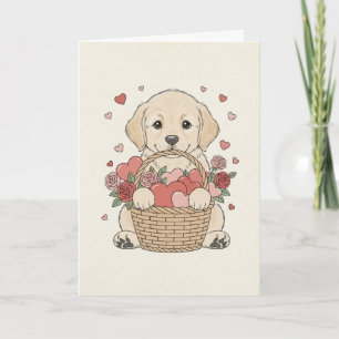 Moppige Pup met Hart en Rozenmand illustratie Kaart