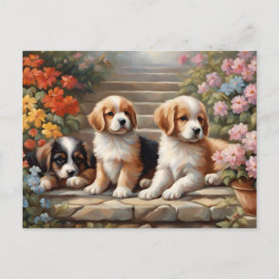 Moppige Puppies in Bloementuin  Briefkaart