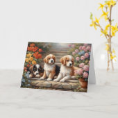 Moppige Puppies in Bloementuin  Kaart (Gele Bloem)