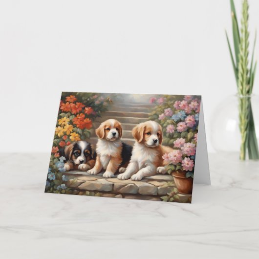 Moppige Puppies in Bloementuin  Kaart (Voorkant)