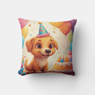 Moppige Puppy Die Verjaardagsfeest Viert Met Taart Kussen