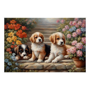 Moppige puppy's in bloementuin perfect poster
