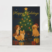 Moppige puppy's rond de kerstboom op een kerstkaar
