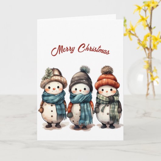Moppige Sneeuwmannen Illustratie Kerstmis Kaart (Gele Bloem)