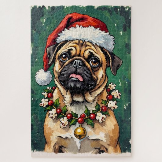 Mops die de Kerstkranshoed eet Legpuzzel (Verticaal)