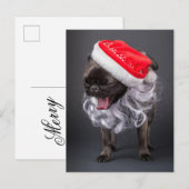 Mops die gaapt in een kerstmuts en -baard feestdagenkaart (Voorkant / Achterkant)