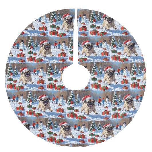 Mops die in de sneeuw rent met Kerstmuts Kerstboom Rok (Voorkant)