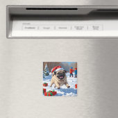 Mops die in de sneeuw rent met kerstmuts magneet (Insitu (Vaatwasser))