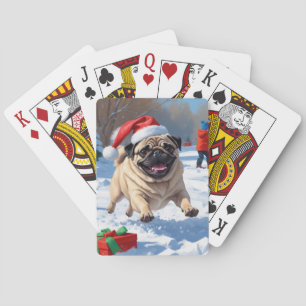 Mops die in de sneeuw rent met Kerstmuts Pokerkaarten