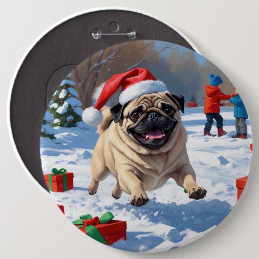 Mops die in de sneeuw rent met kerstmuts ronde button 6,0 cm (Voorkant /achterkant)