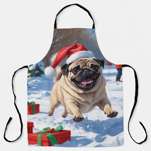 Mops die in de sneeuw rent met Kerstmuts Schort (Voorkant)