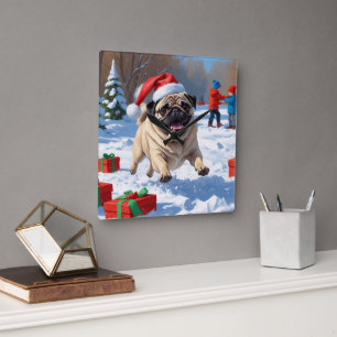 Mops die in de sneeuw rent met kerstmuts vierkante klok