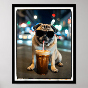 Mops drinkend ijskoude koffie dier hond meme poster