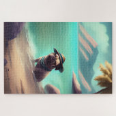 Mops genietend op het strand schilderend kunst legpuzzel (Horizontaal)