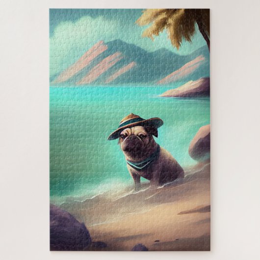 Mops genietend op het strand schilderend kunst legpuzzel (Verticaal)