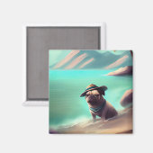 Mops genietend op het strand schilderend kunst magneet (Voorkant / Achterkant)