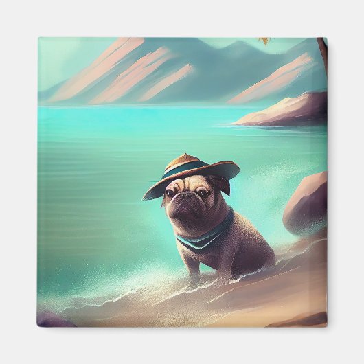 Mops genietend op het strand schilderend kunst magneet (Voorkant)