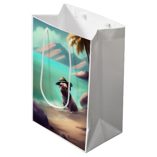 Mops genietend op het strand schilderend kunst medium cadeauzakje (Voorkant Gekanteld)