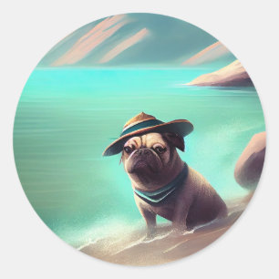 Mops genietend op het strand schilderend kunst ronde sticker