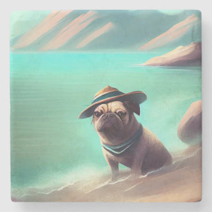 Mops genietend op het strand schilderend kunst stenen onderzetter
