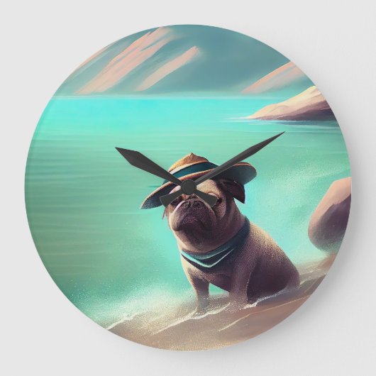 Mops genietend van strand het schilderen van kunst grote klok (Voorkant)
