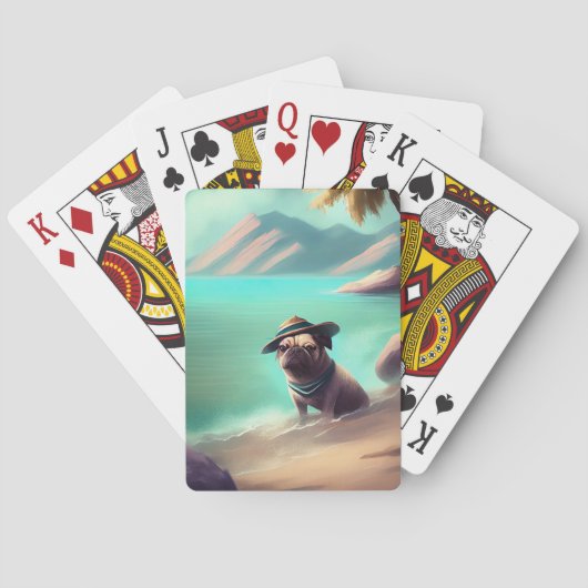 Mops genietend van strand het schilderen van kunst pokerkaarten (Achterkant)