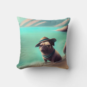 Mops genietend van strand schilderen kunst kussen