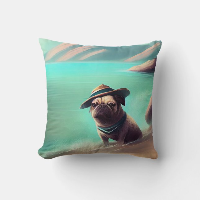Mops genietend van strand schilderen kunst kussen (Voorkant)