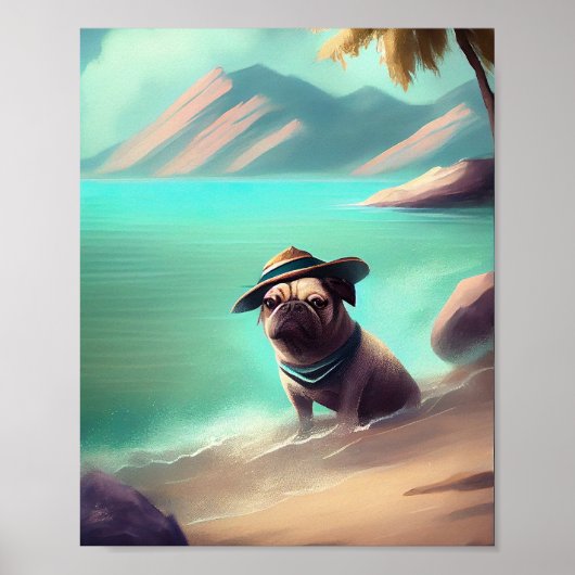 Mops genietend van strand schilderen kunst poster (Voorkant)