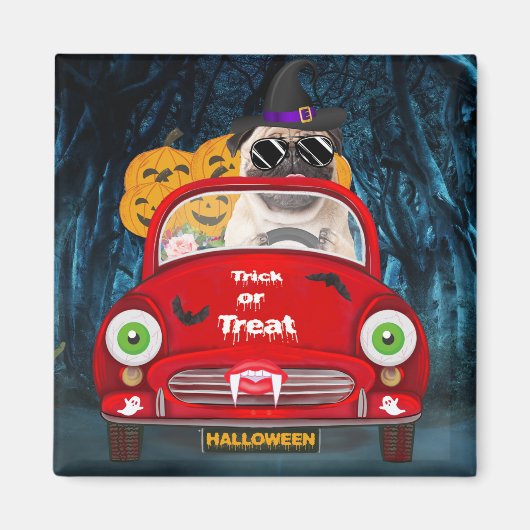 Mops Hond Bestuurt Auto Griezige Halloween Magneet (Voorkant)