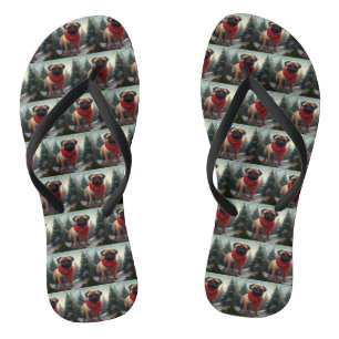 Mops hond in sneeuw Kerstmis Teenslippers