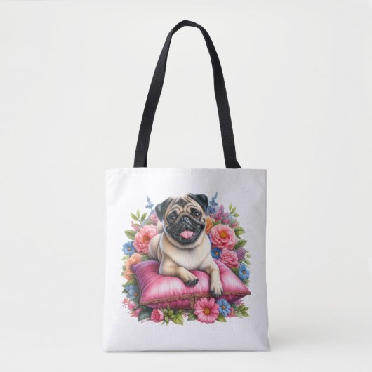 Mops hond op een kussen met bloemen in waterverf tote bag (Voorkant)