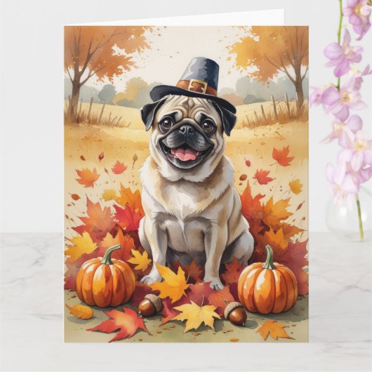 Mops in herfstbladeren Thanksgiving Kunst Kaart (Orchidee)