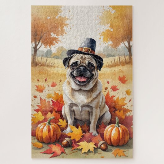 Mops in herfstbladeren Thanksgiving Kunst Legpuzzel (Verticaal)