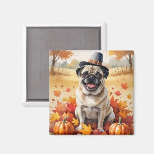 Mops in herfstbladeren Thanksgiving kunst Magneet