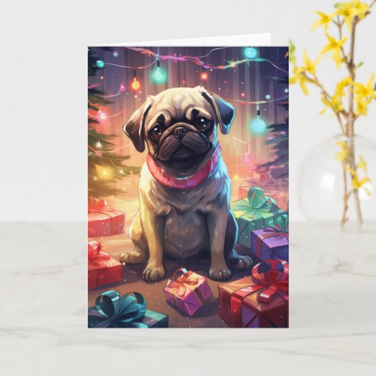 Mops in kerstpyjama bij de kerstboom kaart (Gele Bloem)
