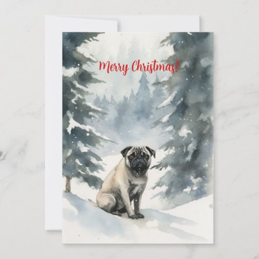 Mops in Sneeuw Aquarel Kerstmis Feestdagenkaart (Voorkant)