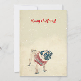 Mops In Sneeuw Minimalistische Vintage Kerstmis Feestdagenkaart