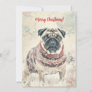 Mops In Sneeuw Minimalistische Vintage Kerstmis Feestdagenkaart
