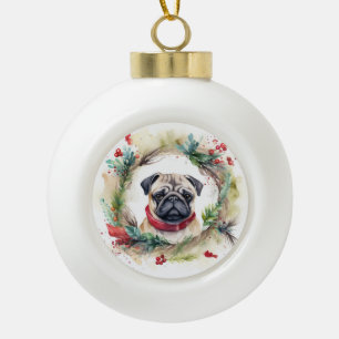 Mops Kerstkrans Festieve Pup Keramische Bal Ornament